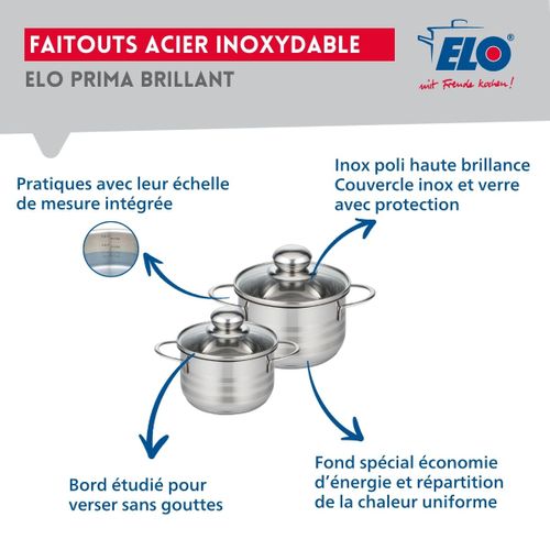 Ensemble De 3 Poêles De Cuisson 20, 24 Et 32 Cm Et 2 Faitouts 14 Et 16 Cm Elo Prima Brillant