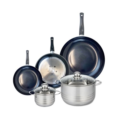 Ensemble De 3 Poêles De Cuisson 20, 24 Et 32 Cm Et 2 Faitouts 14 Et 24 Cm Elo Prima Brillant