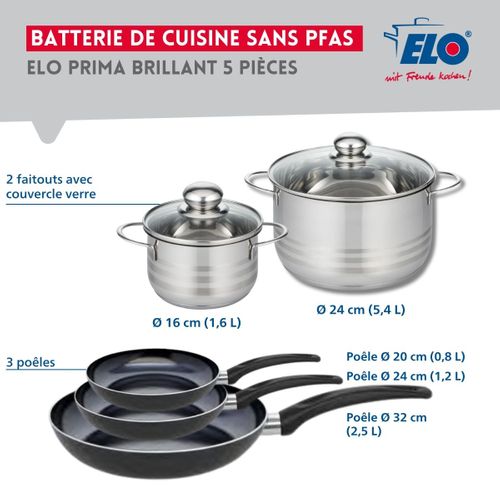 Ensemble De 3 Poêles De Cuisson 20, 24 Et 32 Cm Et 2 Faitouts 16 Et 24 Cm Elo Prima Brillant