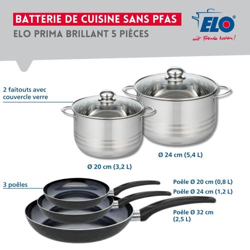 Ensemble De 3 Poêles De Cuisson 20, 24 Et 32 Cm Et 2 Faitouts 20 Et 24 Cm Elo Prima Brillant
