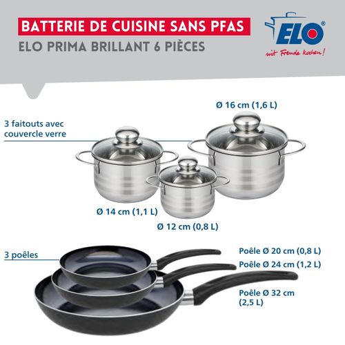 Ensemble De 3 Poêles De Cuisson 20, 24 Et 32 Cm Et 3 Faitouts 12, 14 Et 16 Cm Elo Prima Brillant
