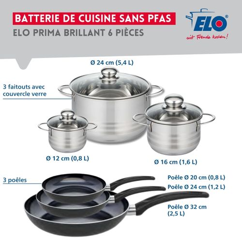 Ensemble De 3 Poêles De Cuisson 20, 24 Et 32 Cm Et 3 Faitouts 12, 16 Et 24 Cm Elo Prima Brillant