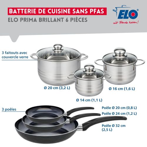Ensemble De 3 Poêles De Cuisson 20, 24 Et 32 Cm Et 3 Faitouts 14, 16 Et 20 Cm Elo Prima Brillant