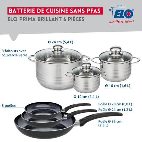 Ensemble De 3 Poêles De Cuisson 20, 24 Et 32 Cm Et 3 Faitouts 14, 16 Et 24 Cm Elo Prima Brillant