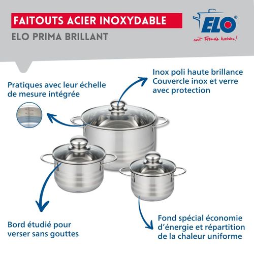 Ensemble De 3 Poêles De Cuisson 20, 24 Et 32 Cm Et 3 Faitouts 14, 16 Et 24 Cm Elo Prima Brillant