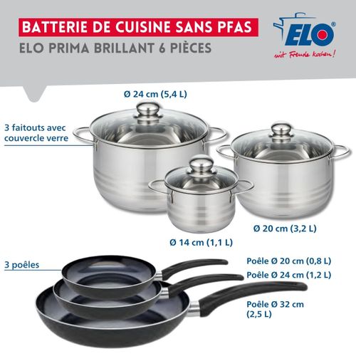 Ensemble De 3 Poêles De Cuisson 20, 24 Et 32 Cm Et 3 Faitouts 14, 20 Et 24 Cm Elo Prima Brillant