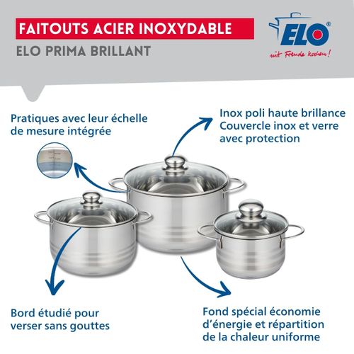 Ensemble De 3 Poêles De Cuisson 20, 24 Et 32 Cm Et 3 Faitouts 16, 20 Et 24 Cm Elo Prima Brillant