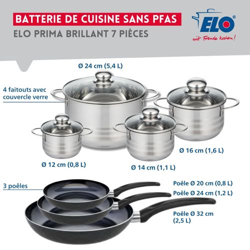 Ensemble De 3 Poêles De Cuisson 20, 24 Et 32 Cm Et 4 Faitouts 12, 14, 16 Et 24 Cm Elo Prima Brillant