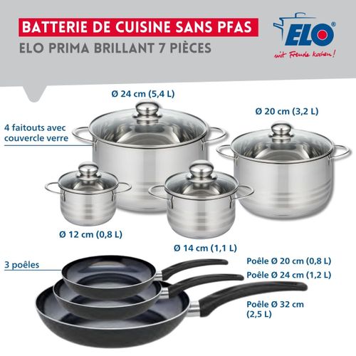 Ensemble De 3 Poêles De Cuisson 20, 24 Et 32 Cm Et 4 Faitouts 12, 14, 20 Et 24 Cm Elo Prima Brillant