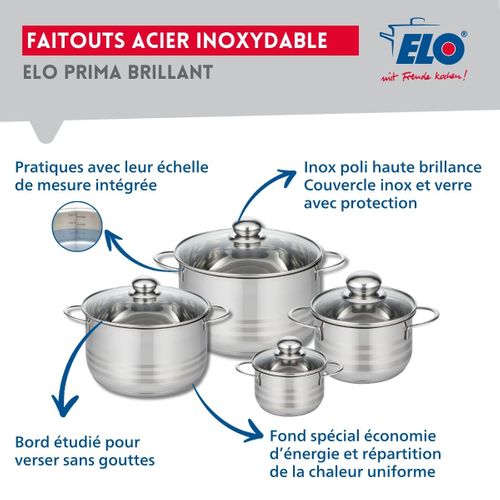 Ensemble De 3 Poêles De Cuisson 20, 24 Et 32 Cm Et 4 Faitouts 12, 16, 20 Et 24 Cm Elo Prima Brillant