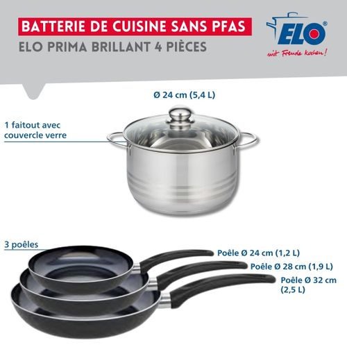 Ensemble De 3 Poêles De Cuisson 24, 28 Et 32 Cm Et 1 Faitout 24 Cm Elo Prima Brillant