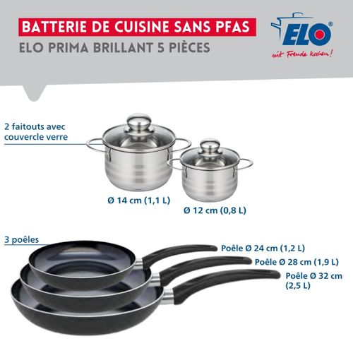 Ensemble De 3 Poêles De Cuisson 24, 28 Et 32 Cm Et 2 Faitouts 12 Et 14 Cm Elo Prima Brillant