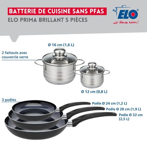 Ensemble De 3 Poêles De Cuisson 24, 28 Et 32 Cm Et 2 Faitouts 12 Et 16 Cm Elo Prima Brillant