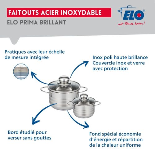 Ensemble De 3 Poêles De Cuisson 24, 28 Et 32 Cm Et 2 Faitouts 12 Et 16 Cm Elo Prima Brillant
