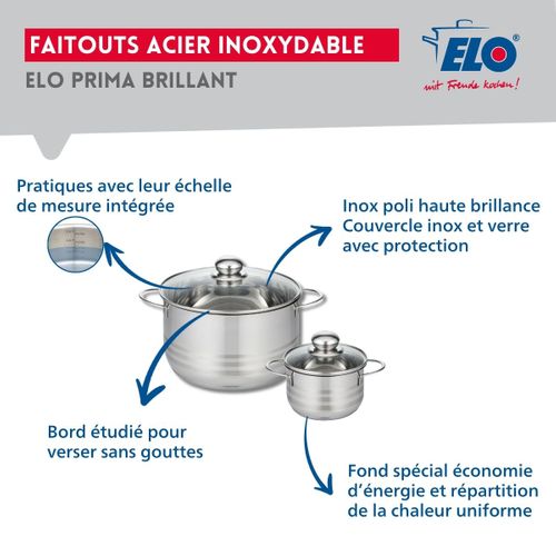 Ensemble De 3 Poêles De Cuisson 24, 28 Et 32 Cm Et 2 Faitouts 12 Et 20 Cm Elo Prima Brillant