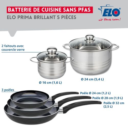 Ensemble De 3 Poêles De Cuisson 24, 28 Et 32 Cm Et 2 Faitouts 16 Et 24 Cm Elo Prima Brillant