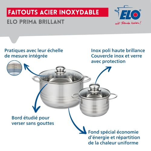 Ensemble De 3 Poêles De Cuisson 24, 28 Et 32 Cm Et 2 Faitouts 16 Et 24 Cm Elo Prima Brillant