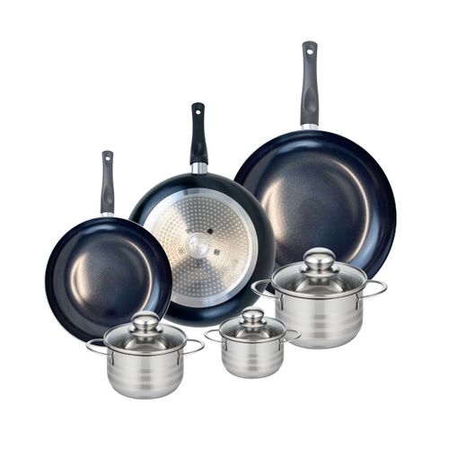 Ensemble De 3 Poêles De Cuisson 24, 28 Et 32 Cm Et 3 Faitouts 12, 14 Et 16 Cm Elo Prima Brillant