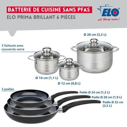 Ensemble De 3 Poêles De Cuisson 24, 28 Et 32 Cm Et 3 Faitouts 12, 14 Et 20 Cm Elo Prima Brillant