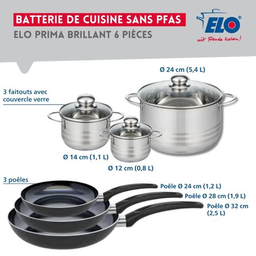 Ensemble De 3 Poêles De Cuisson 24, 28 Et 32 Cm Et 3 Faitouts 12, 14 Et 24 Cm Elo Prima Brillant