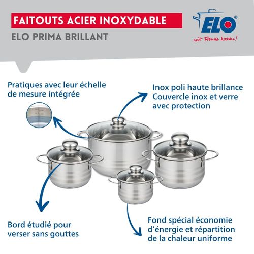 Ensemble De 3 Poêles De Cuisson 24, 28 Et 32 Cm Et 4 Faitouts 12, 14, 16 Et 20 Cm Elo Prima Brillant