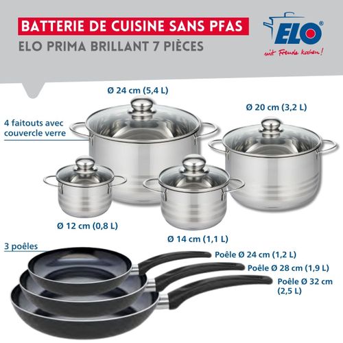 Ensemble De 3 Poêles De Cuisson 24, 28 Et 32 Cm Et 4 Faitouts 12, 14, 20 Et 24 Cm Elo Prima Brillant