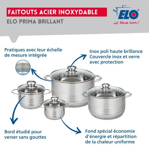 Ensemble De 3 Poêles De Cuisson 24, 28 Et 32 Cm Et 4 Faitouts 12, 14, 20 Et 24 Cm Elo Prima Brillant