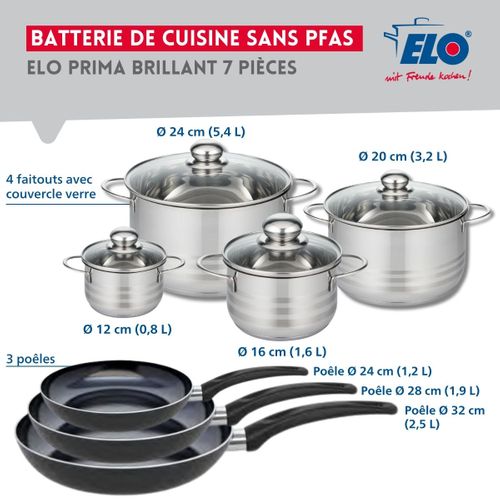 Ensemble De 3 Poêles De Cuisson 24, 28 Et 32 Cm Et 4 Faitouts 12, 16, 20 Et 24 Cm Elo Prima Brillant