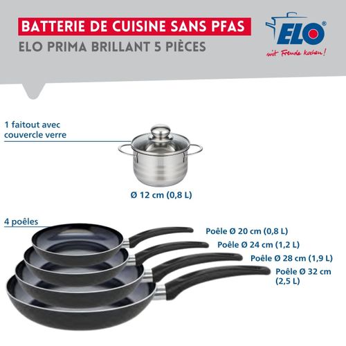 Ensemble De 4 Poêles De Cuisson 20, 24, 28 Et 32 Cm Et 1 Faitout 12 Cm Elo Prima Brillant