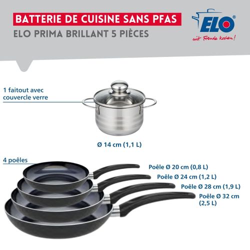 Ensemble De 4 Poêles De Cuisson 20, 24, 28 Et 32 Cm Et 1 Faitout 14 Cm Elo Prima Brillant