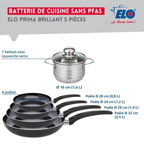 Ensemble De 4 Poêles De Cuisson 20, 24, 28 Et 32 Cm Et 1 Faitout 16 Cm Elo Prima Brillant