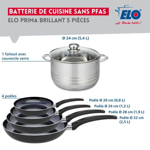 Ensemble De 4 Poêles De Cuisson 20, 24, 28 Et 32 Cm Et 1 Faitout 24 Cm Elo Prima Brillant