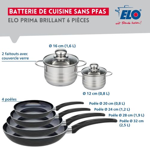 Ensemble De 4 Poêles De Cuisson 20, 24, 28 Et 32 Cm Et 2 Faitouts 12 Et 16 Cm Elo Prima Brillant