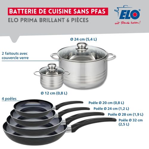 Ensemble De 4 Poêles De Cuisson 20, 24, 28 Et 32 Cm Et 2 Faitouts 12 Et 24 Cm Elo Prima Brillant