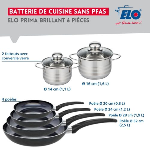 Ensemble De 4 Poêles De Cuisson 20, 24, 28 Et 32 Cm Et 2 Faitouts 14 Et 16 Cm Elo Prima Brillant