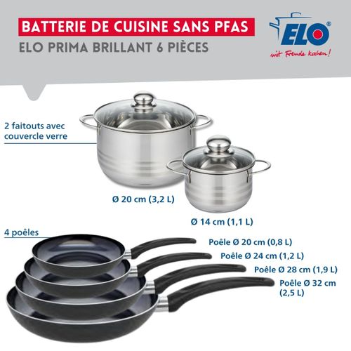 Ensemble De 4 Poêles De Cuisson 20, 24, 28 Et 32 Cm Et 2 Faitouts 14 Et 20 Cm Elo Prima Brillant