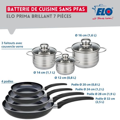 Ensemble De 4 Poêles De Cuisson 20, 24, 28 Et 32 Cm Et 3 Faitouts 12, 14 Et 16 Cm Elo Prima Brillant