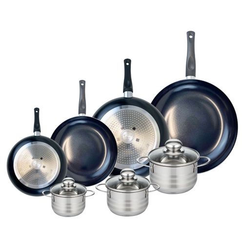 Ensemble De 4 Poêles De Cuisson 20, 24, 28 Et 32 Cm Et 3 Faitouts 12, 14 Et 16 Cm Elo Prima Brillant