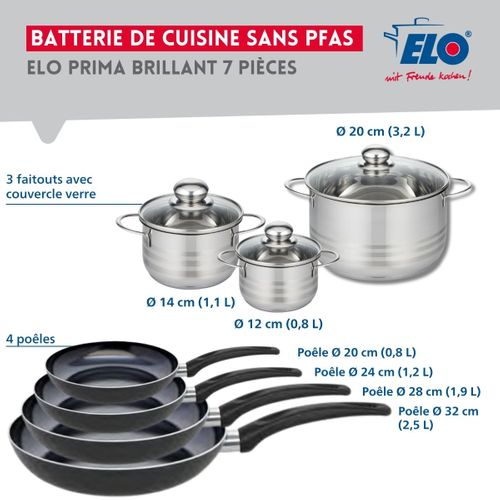 Ensemble De 4 Poêles De Cuisson 20, 24, 28 Et 32 Cm Et 3 Faitouts 12, 14 Et 20 Cm Elo Prima Brillant