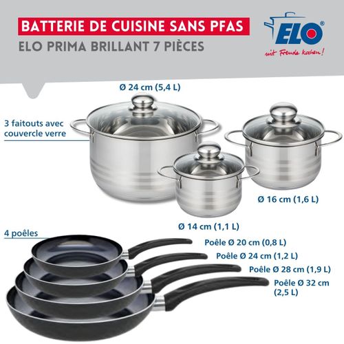 Ensemble De 4 Poêles De Cuisson 20, 24, 28 Et 32 Cm Et 3 Faitouts 14, 16 Et 24 Cm Elo Prima Brillant