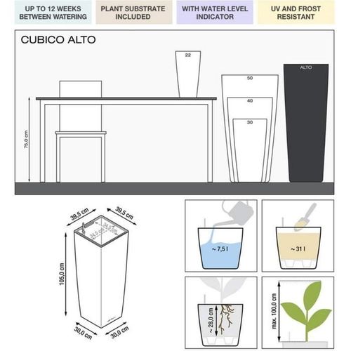 Pot De Fleur Lechuza Cubico Alto Premium 40 - Kit Complet, Argent Métallisé