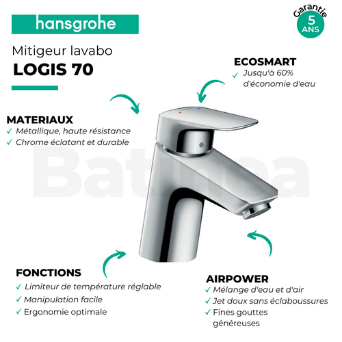Hansgrohe Mitigeur Lavabo Logis 70 Sans Tirette Ni Vidage Chromé