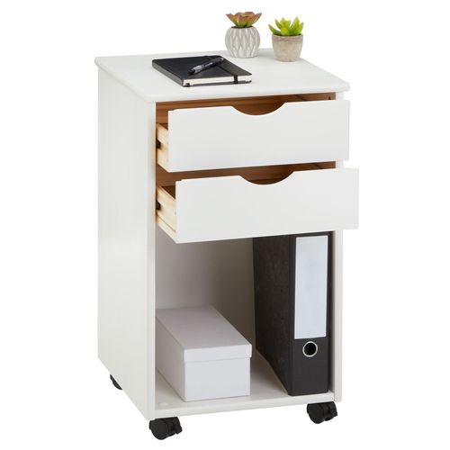 Caisson De Bureau Sur Roulettes Kano, Avec 2 Tiroirs, En Pin Massif Lasuré Blanc