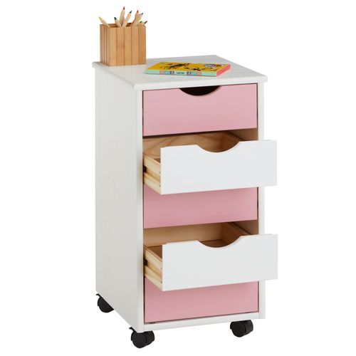 Caisson De Bureau Sur Roulettes Lagos, Avec 5 Tiroirs Lasuré Blanc Et Rose
