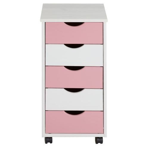 Caisson De Bureau Sur Roulettes Lagos, Avec 5 Tiroirs Lasuré Blanc Et Rose