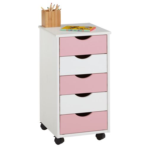Caisson De Bureau Sur Roulettes Lagos, Avec 5 Tiroirs Lasuré Blanc Et Rose