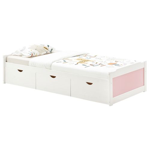 Lit Fonctionnel Mia 90 X 200 Cm, En Pin Massif Lasuré Blanc Et Rose