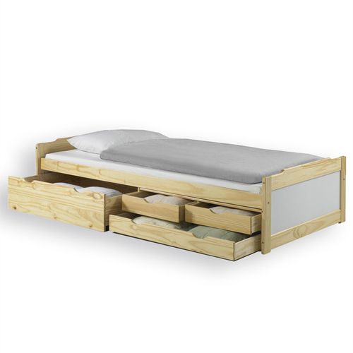 Lit Fonctionnel En Pin Andrea, 90 X 200 Cm, Vernis Naturel Et Lasuré Blanc