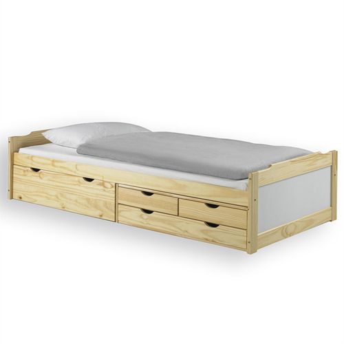 Lit Fonctionnel En Pin Andrea, 90 X 200 Cm, Vernis Naturel Et Lasuré Blanc