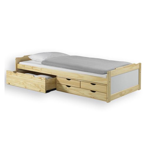 Lit Fonctionnel En Pin Andrea, 90 X 200 Cm, Vernis Naturel Et Lasuré Blanc